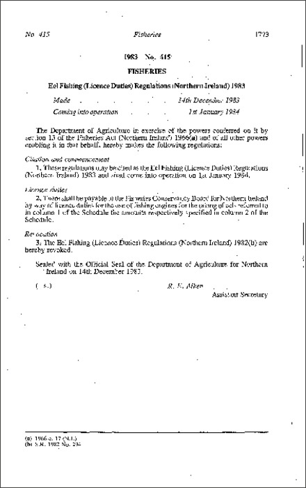 The Eel Fishing (Licence Duties) Regulations (Northern Ireland) 1983