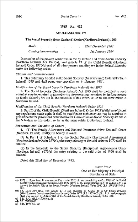 The Social Security (New Zealand) Order (Northern Ireland) 1983