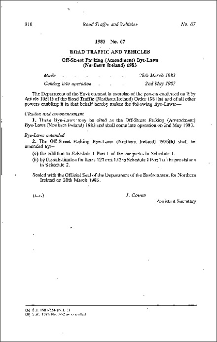 The Off-Street Parking (Amendment) Bye-Laws (Northern Ireland) 1983