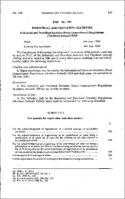 The Industrial and Provident Societies (Fees) (Amendment) Regulations (Northern Ireland) 1984