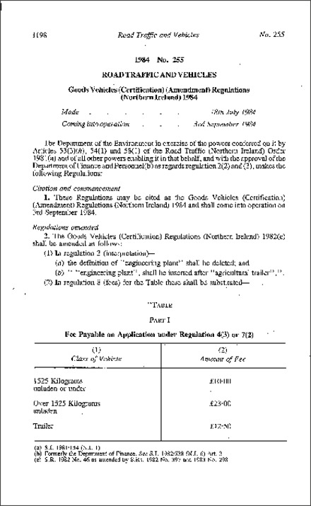 The Goods Vehicles (Certification) (Amendment) Regulations (Northern Ireland) 1984