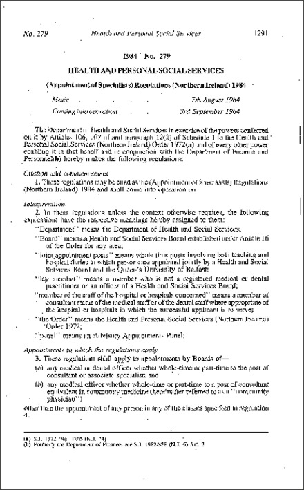 The (Appointment of Specialists) Regulations (Northern Ireland) 1984