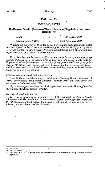 The Housing Benefits (Increase of Needs Allowances) Regulations (Northern Ireland) 1984