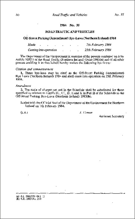 The Off-Street Parking (Amendment) Bye-Laws (Northern Ireland) 1984