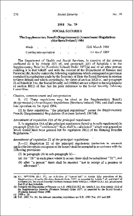 The Supplementary Benefit (Requirements) (Amendment) Regulations (Northern Ireland) 1984