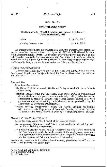 The Health and Safety (Youth Training Programme) Regulations (Northern Ireland) 1985