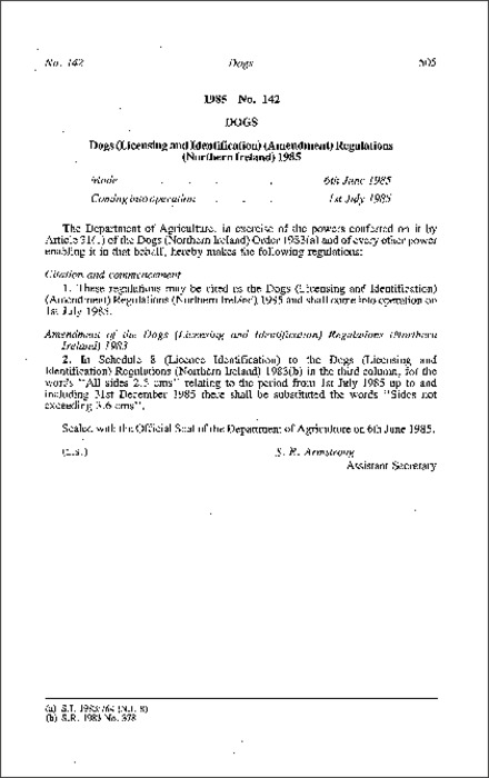 The Dogs (Licensing and Identification) (Amendment) Regulations (Northern Ireland) 1985