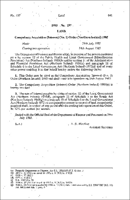 The Compulsory Acquisition (Interest) (No. 2) Order (Northern Ireland) 1985