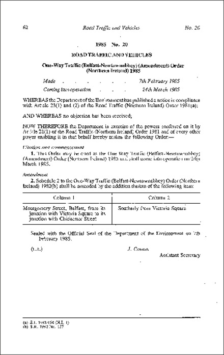 The One-Way Traffic (Belfast-Newtownabbey) (Amendment) Order (Northern Ireland) 1985