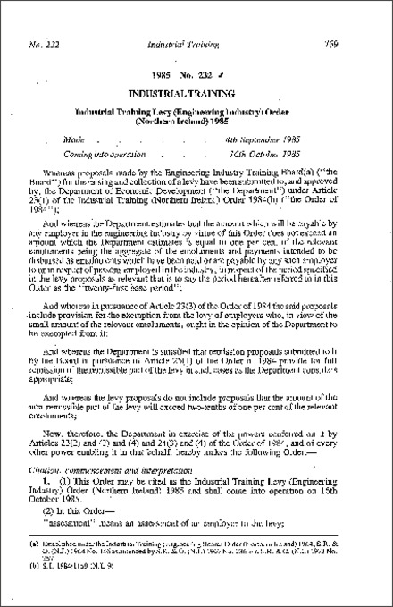 The Industrial Training Levy (Engineering Industry) Order (Northern Ireland) 1985