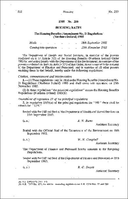 The Housing Benefits (Amendment No. 2) Regulations (Northern Ireland) 1985