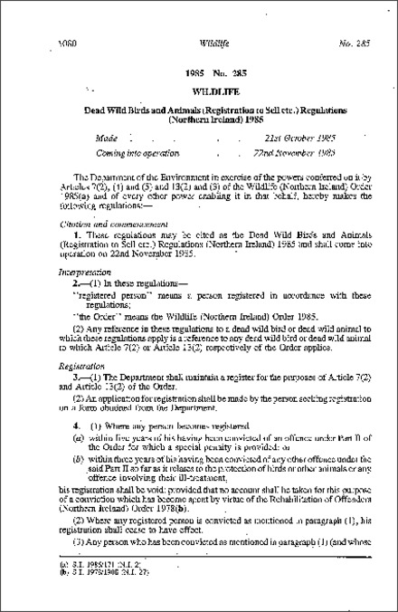 The Dead Wild Birds and Animals (Registration to Sell etc.) Regulations (Northern Ireland) 1985
