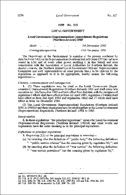 The Local Government (Superannuation) (Amendment) Regulations (Northern Ireland) 1985