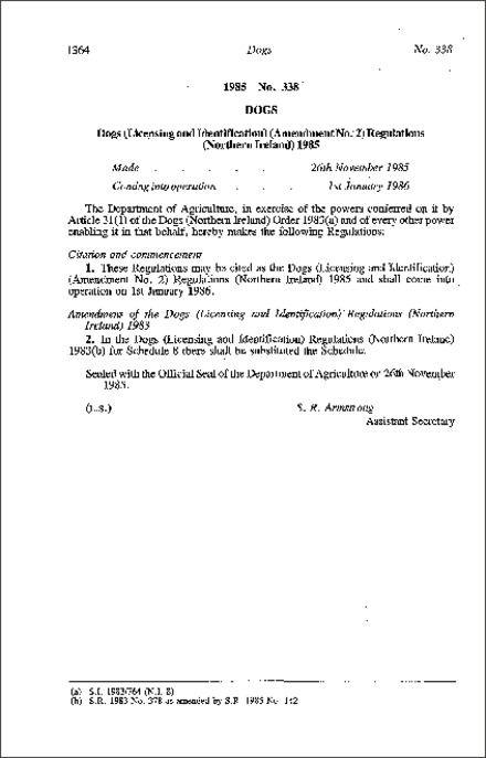 The Dogs (Licensing and Identification) (Amendment No. 2) Regulations (Northern Ireland) 1985