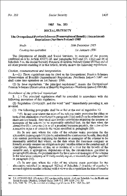 The Occupational Pension Schemes (Preservation of Benefit) (Amendment) Regulations (Northern Ireland) 1985