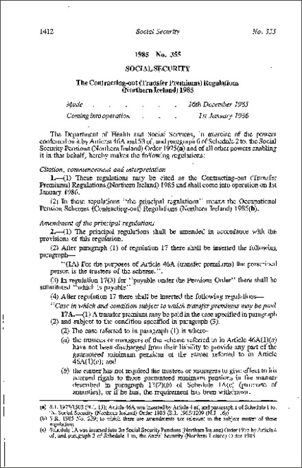The Contracting-out (Transfer Premiums) Regulations (Northern Ireland) 1985