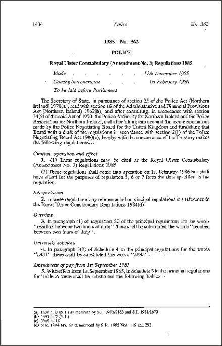 The Royal Ulster Constabulary (Amendment No. 3) Regulations (Northern Ireland) 1985