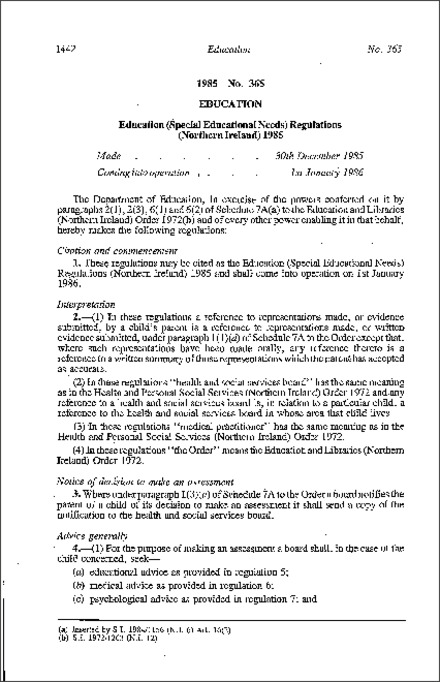 The Education (Special Educational Needs) Regulations (Northern Ireland) 1985