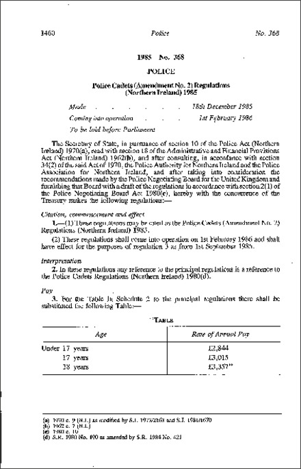 The Police Cadets (Amendment No. 2) Regulations (Northern Ireland) 1985