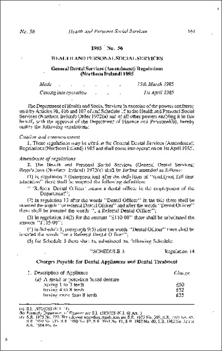 The General Dental Services (Amendment) Regulations (Northern Ireland) 1985