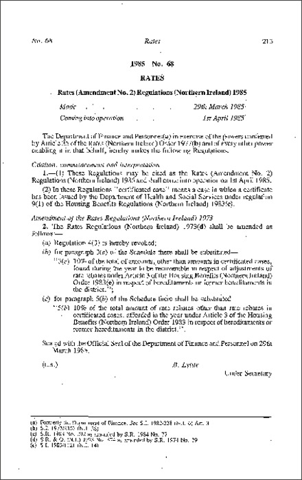 The Rates (Amendment No. 2) Regulations (Northern Ireland) 1985