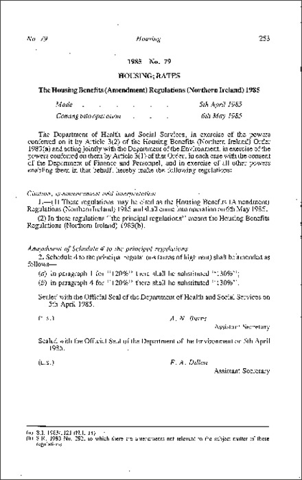 The Housing Benefits (Amendment) Regulations (Northern Ireland) 1985