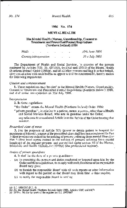 The Mental Health (Nurses, Guardianship, Consent to Treatment and Prescribed Forms) Regulations (Northern Ireland) 1986