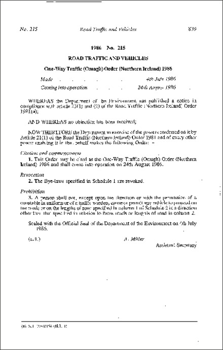 The One-Way Traffic (Omagh) Order (Northern Ireland) 1986