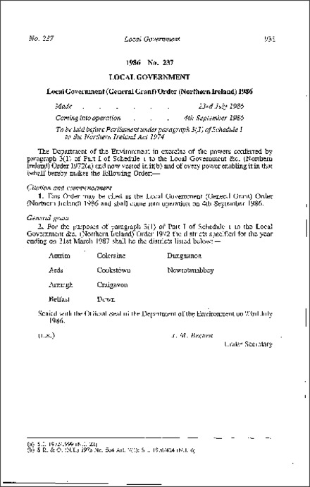 The Local Government (General Grant) Order (Northern Ireland) 1986