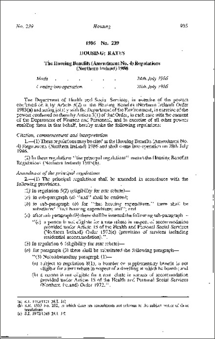 The Housing Benefits (Amendment No. 4) Regulations (Northern Ireland) 1986
