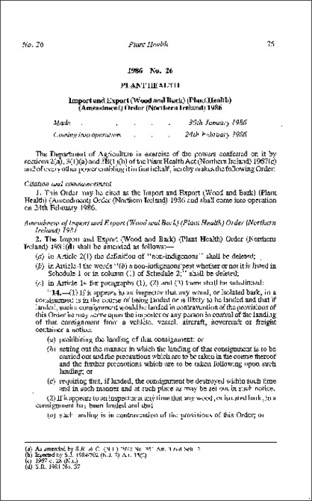 The Import and Export (Wood and Bark) (Plant Health) (Amendment) Order (Northern Ireland) 1986