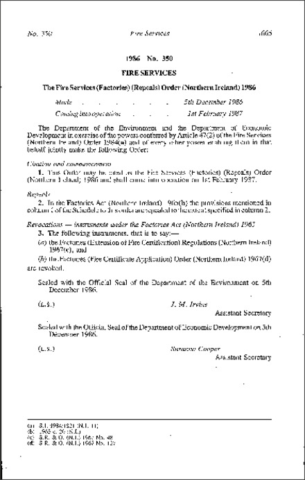 The Fire Services (Factories) (Repeals) Order (Northern Ireland) 1986