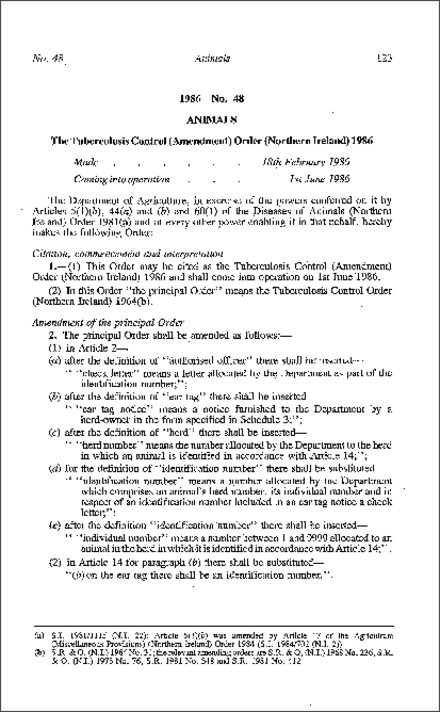 The Tuberculosis Control (Amendment) Order (Northern Ireland) 1986
