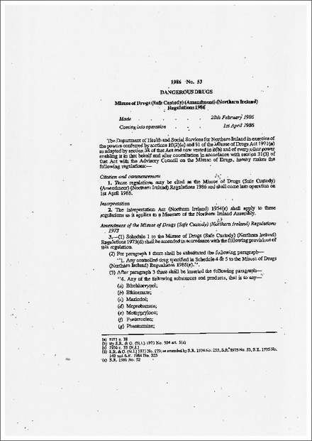 Misuse of Drugs (Safe Custody) (Amendment) (Northern Ireland) Regulations 1986