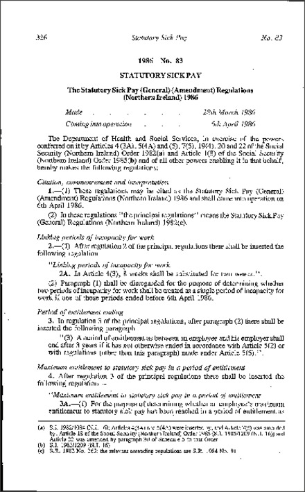 The Statutory Sick Pay (General) (Amendment) Regulations (Northern Ireland) 1986