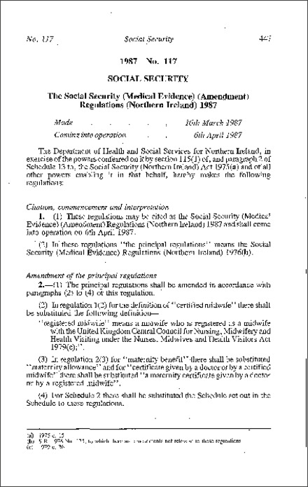 The Social Security (Medical Evidence) (Amendment) Regulations (Northern Ireland) 1987