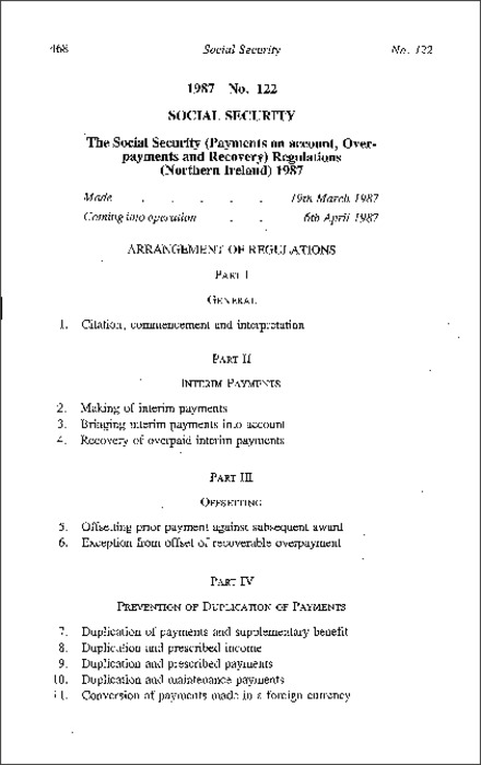 The Social Security (Payments on Account, Overpayments and Recovery) Regulations (Northern Ireland) 1987