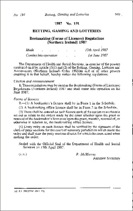 The Bookmaking (Forms of Licences) Regulations (Northern Ireland) 1987