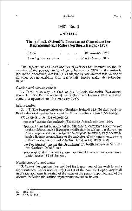 The Animals (Scientific Procedures) (Procedure for Representations) Rules (Northern Ireland) 1987