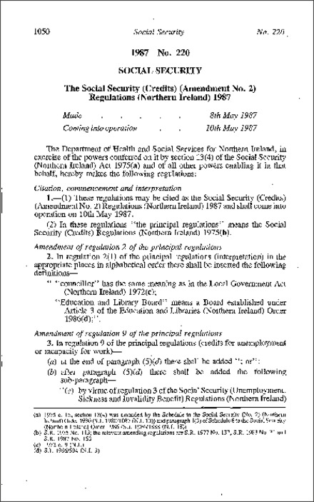The Social Security (Credits) (Amendment No. 2) Regulations (Northern Ireland) 1987