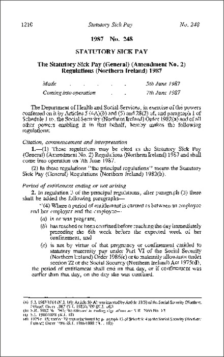 The Statutory Sick Pay (General) (Amendment No. 2) Regulations (Northern Ireland) 1987