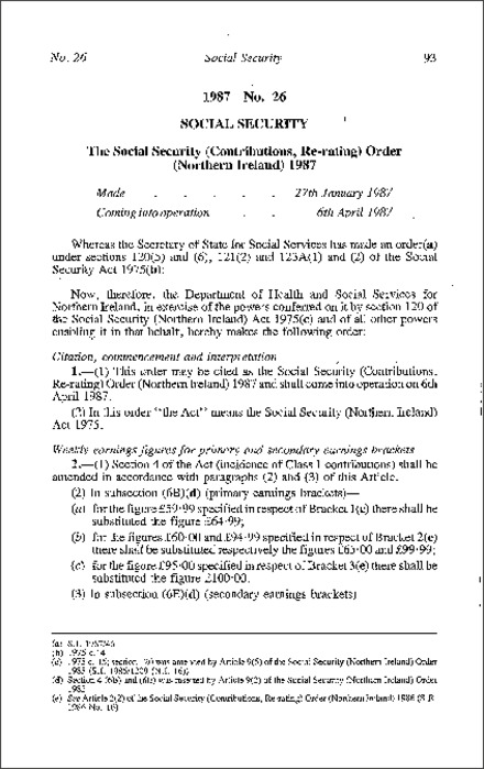 The Social Security (Contributions, Re-rating) Order (Northern Ireland) 1987