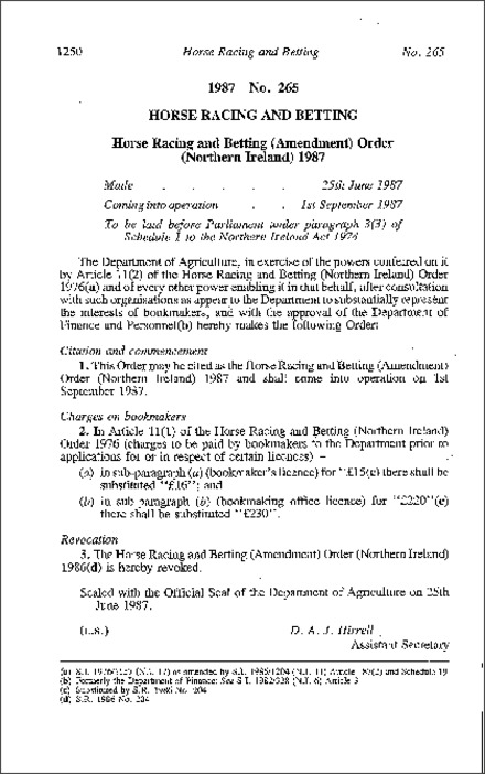 The Horse Racing and Betting (Amendment) Order (Northern Ireland) 1987