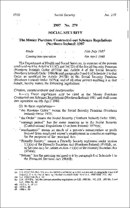 The Money Purchase Contracted-out Scheme Regulations (Northern Ireland) 1987