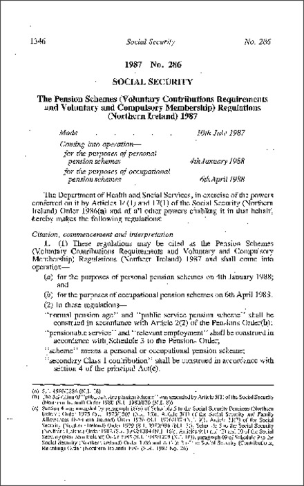 The Pension Schemes (Voluntary Contributions Requirements and Voluntary and Compulsory Membership) Regulations (Northern Ireland) 1987