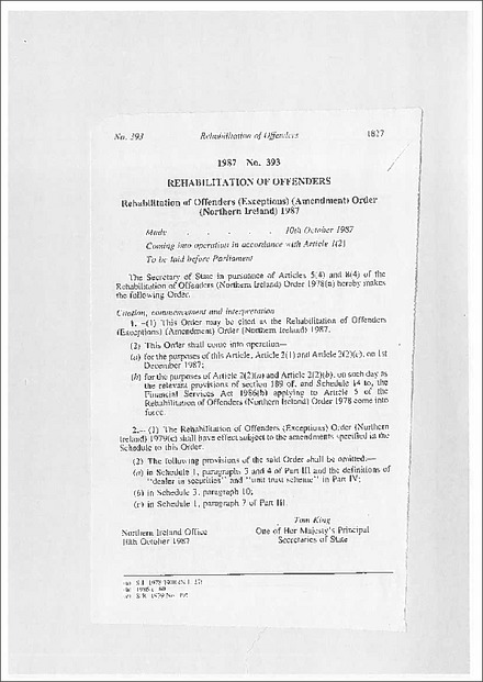 Rehabilitation of Offenders (Exceptions) (Amendment) Order (Northern Ireland) 1987