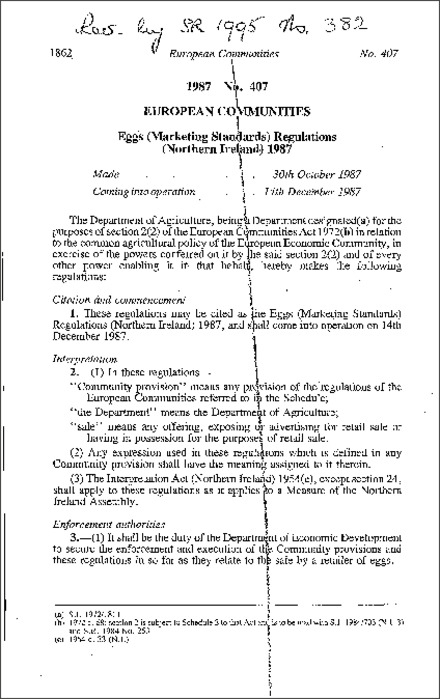 The Eggs (Marketing Standards) Regulations (Northern Ireland) 1987