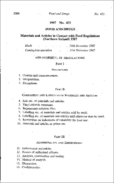 The Materials and Articles in Contact with Food Regulations (Northern Ireland) 1987