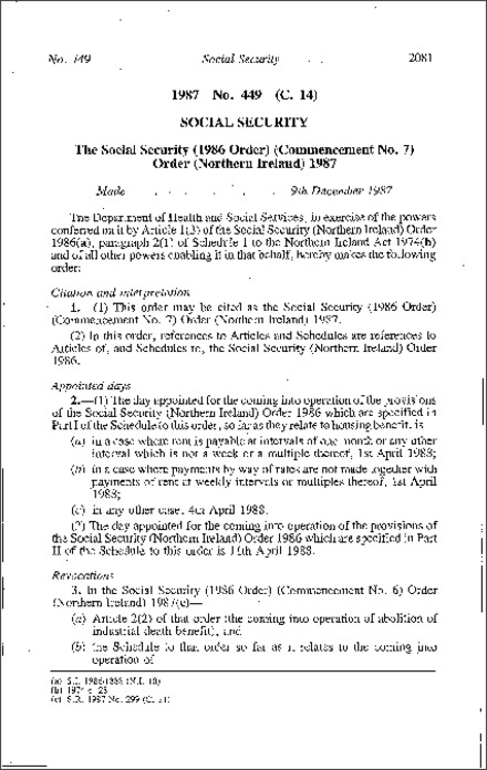 The Social Security (1986 Order) (Commencement No. 7) Order (Northern Ireland) 1987