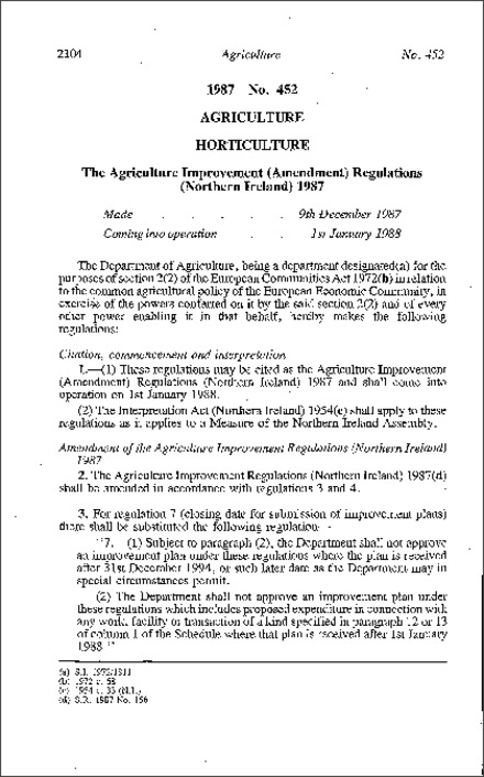 The Agriculture Improvement (Amendment) Regulations (Northern Ireland) 1987